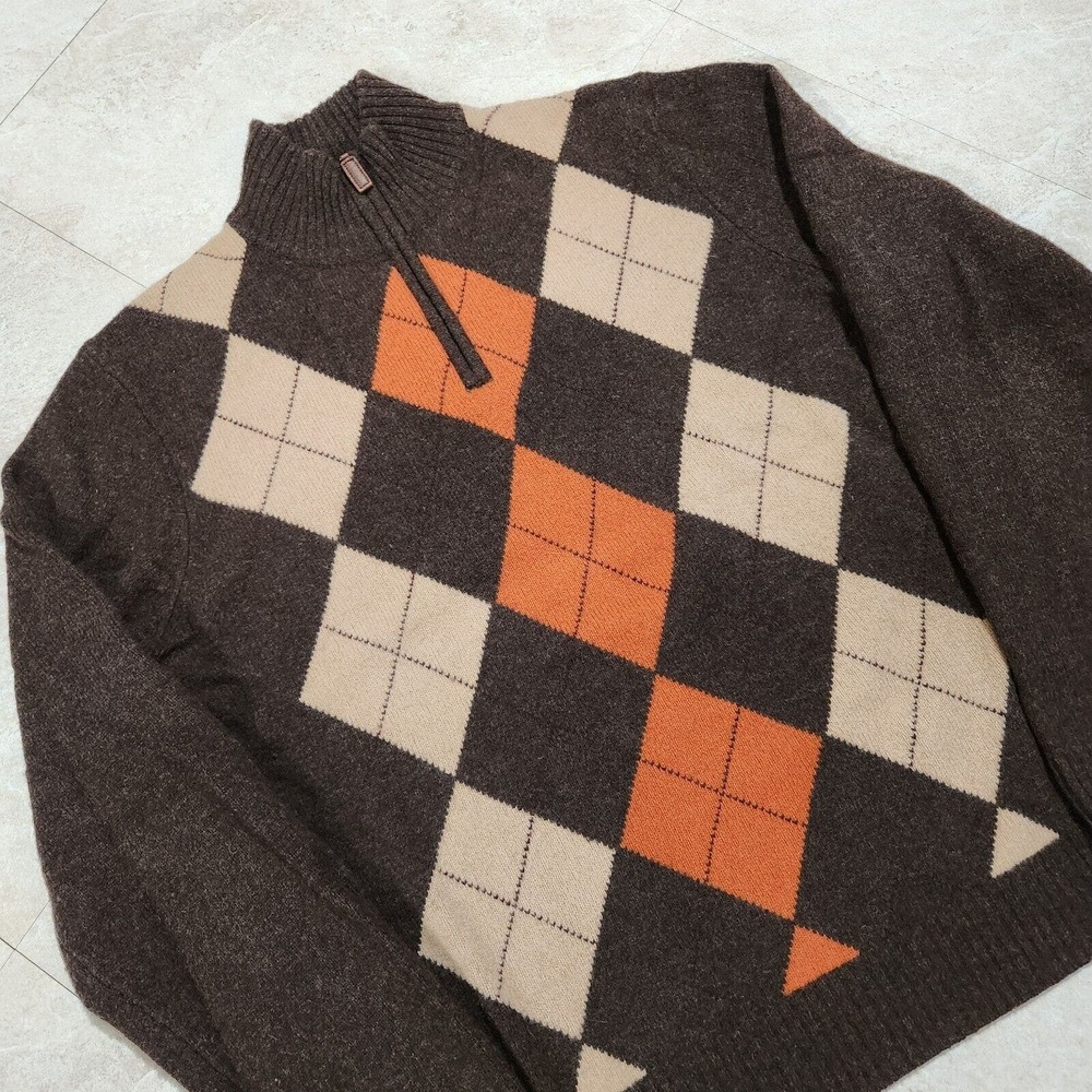 VTG J Crew Mens L Large Argyle 100%‎ Lambswool 1/4 Zip Diamond Pullover Sweater
